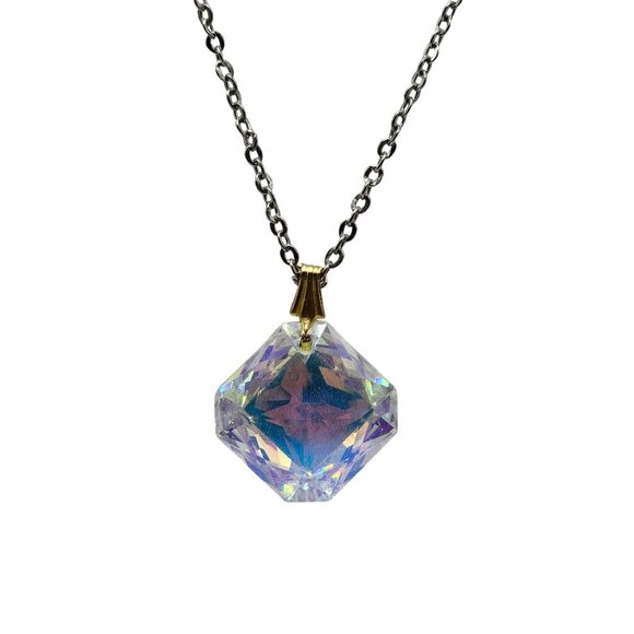 Iridescent Crystal Pendant Necklace With Silver Chain Vintage - Picture 1 of 4